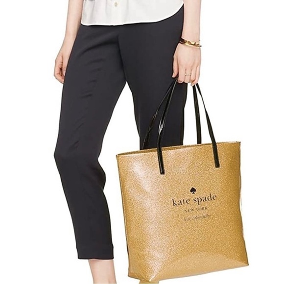 Kate Spade Tote Bag Bon Shopper Holiday Drive Sparkle Gold Live Colorfully NWT - Picture 1 of 10